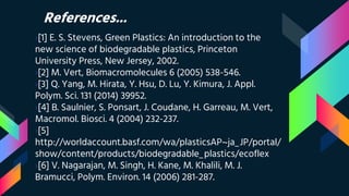 References...
›[1] E. S. Stevens, Green Plastics: An introduction to the
new science of biodegradable plastics, Princeton
University Press, New Jersey, 2002.
›[2] M. Vert, Biomacromolecules 6 (2005) 538-546.
›[3] Q. Yang, M. Hirata, Y. Hsu, D. Lu, Y. Kimura, J. Appl.
Polym. Sci. 131 (2014) 39952.
›[4] B. Saulnier, S. Ponsart, J. Coudane, H. Garreau, M. Vert,
Macromol. Biosci. 4 (2004) 232-237.
›[5]
http://worldaccount.basf.com/wa/plasticsAP~ja_JP/portal/
show/content/products/biodegradable_plastics/ecoflex
›[6] V. Nagarajan, M. Singh, H. Kane, M. Khalili, M. J.
Bramucci, Polym. Environ. 14 (2006) 281-287.
 