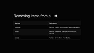 Removing Items from a List
Method Description
remove() Remove the first occurrence of a specified value.
pop() Remove the item at the given position and
return it.
clear() Remove all the items from the list.
 