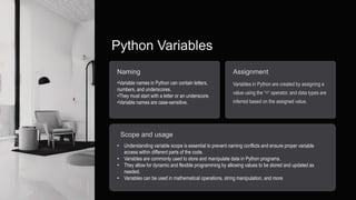 Python Variables
Naming
•Variable names in Python can contain letters,
numbers, and underscores.
•They must start with a letter or an underscore.
•Variable names are case-sensitive.
Assignment
Variables in Python are created by assigning a
value using the “=“ operator, and data types are
inferred based on the assigned value.
Scope and usage
• Understanding variable scope is essential to prevent naming conflicts and ensure proper variable
access within different parts of the code.
• Variables are commonly used to store and manipulate data in Python programs.
• They allow for dynamic and flexible programming by allowing values to be stored and updated as
needed.
• Variables can be used in mathematical operations, string manipulation, and more.
 