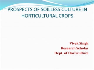 PROSPECTS OF SOILLESS CULTURE IN
HORTICULTURAL CROPS
Vivek Singh
Research Scholar
Dept. of Horticulture
 