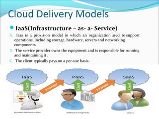 Cloud Delivery Models
IaaS(Infrastructure – as- a- Service)
A. Iaas is a provision model in which an organization used to support
operations, including storage, hardware, servers and networking
components.
B. The service provider owns the equipment and is responsible for running
and maintaining it .
C. The client typically pays on a per-use basis.
 