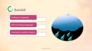 Rainfall
Ordinary rainguage
Self recording rainguage
Automatic weather station
viveksu1194@hotmail.com 22
 