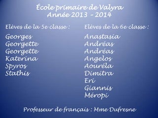 École primaire de Valyra
Année 2013 – 2014
Elèves de la 5e classe :

Elèves de la 6e classe :

Georges
Georgette
Georgette
Katerina
Spyros
Stathis

Anastasia
Andréas
Andréas
Angelos
Aouréla
Dimitra
Eri
Giannis
Méropi

Professeur de français : Mme Dufresne

 
