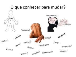 O que conhecer para mudar?
Corpo
?
Fisionomia?
Pensamentos?
Palavras?
Gestos?
 