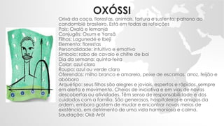 OXÓSSI
Orixá da caça, florestas, animais, fartura e sustento; patrono do
candomblé brasileiro. Está em todas as refeições
Pais: Oxalá e Iemanjá
Conjugês: Oxum e Yansã
Filhos: Logunedé e Ibeji
Elemento: florestas
Personalidade: intuitivo e emotivo
Símbolo: rabo de cavalo e chifre de boi
Dia da semana: quinta-feira
Colar: azul claro
Roupa: azul ou verde claro
Oferendas: milho branco e amarelo, peixe de escamas, arroz, feijão e
abóbora
Arquétipo: seus filhos são alegres e joviais, espertos e rápidos, sempre
em alerta e movimento. Cheios de iniciativa e em vias de novas
descobertas ou atividades. Têm senso de responsabilidade e dos
cuidados com a família. São generosos, hospitaleiros e amigos da
ordem, embora gostem de mudar e encontrar novos meios de
existência, em detrimento de uma vida harmoniosa e calma.
Saudação: Okê Arô!
 