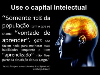 Use o capital Intelectual 
“Somente 10% da 
população tem o que se 
chama “vontade de 
aprender”. 90% não 
fazem nada para melhorar suas 
habilidades enquanto o item 
“aprendizado” não fizer 
parte da descrição do seu cargo.” 
Estudo feito pela Harvard Business School publicado 
em Março de 2007. 
 