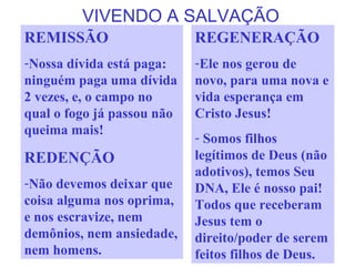 VIVENDO A SALVAÇÃO
REGENERAÇÃO
-Ele nos gerou de
novo, para uma nova e
vida esperança em
Cristo Jesus!
- Somos filhos
legítimos de Deus (não
adotivos), temos Seu
DNA, Ele é nosso pai!
Todos que receberam
Jesus tem o
direito/poder de serem
feitos filhos de Deus.
REMISSÃO
-Nossa dívida está paga:
ninguém paga uma dívida
2 vezes, e, o campo no
qual o fogo já passou não
queima mais!
REDENÇÃO
-Não devemos deixar que
coisa alguma nos oprima,
e nos escravize, nem
demônios, nem ansiedade,
nem homens.
 