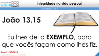 João 13.15
20Prof. Daniel de Carvalho Luz – T. (15) 9 9126 5571
Aula 11/08/2018
Escola Bíblica - 2018
Integridade na vida pessoal
Eu lhes dei o EXEMPLO, para
que vocês façam como lhes fiz.
 