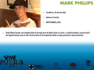 MARK PHILLIPS

                                                             •  Canadiense, 26 años de edad

                                                             •  Motocross Freestyle

                                                             •  MOTO:YAMAHA yz250




•  Desde Alberta Canadá, este intrépido piloto ha formado parte de Xpilots desde sus inicios, su actitud intrépida y controversial lo
   han logrado destacar como el rider más loco dentro de la competencia dando un toque personal en cada presentación.
	
  
 