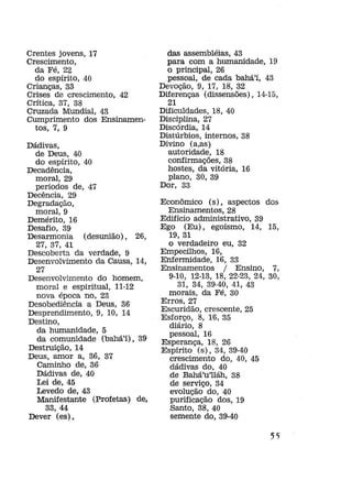 Crentes jovens, 17
Crescimento,
da Fé, 22
do espírito, 40
Crianças, 33
Crises de crescimento, 42
Crítica, 37, 38
Cruzada Mundial, 43
Cumprimento dos Ensinamentos, 7, 9
Dádivas,
de Deus, 40
do espírito, 40
Decadência,
moral, 29
períodos de, 47
Decência, 29
Degradação,
moral, 9
Demérito, 16
Desafio, 39
Desarmonia (desunião), 26,
27, 37, 41
Descoberta da verdade, 9
Desenvolvimento da Causa, 14,
27
Desenvolvimento do homem,
moral e espiritual, 11-12
nova época no, 23
Desobediência a Deus, 36
Desprendimento, 9, 10, 14
Destino,
da humanidade, 5
da comunidade (bahá'í), 39
Destruição, 14
Deus, amor a, 36, 37
Caminho de, 36
Dádivas de, 40
Lei de, 45
Levedo de, 43
Manifestante (Profetas) de,
33, 44
Dever (es),

das assembléias, 43
para com a humanidade, 19
o principal, 26
pessoal, de cada bahá'í, 43
Devoção, 9, 17, 18, 32
Diferenças (dissensões), 14-15,
21
Dificuldades, 18, 40
Disciplina, 27
Discórdia, 14
Distúrbios, internos, 38
Divino (a,as)
autoridade, 18
confirmações, 38
hostes, da vitória, 16
plano, 30, 39
Dor, 33
Econômico (s), aspectos dos
Ensinamentos, 28
Edifício administrativo, 39
Ego (Eu), egoísmo, 14, 15,
19, 31
o verdadeiro eu, 32
Empecilhos, 16,
Enfermidade, 16, 33
Ensinamentos / Ensino, 7,
9-10, 12-13, 18, 22-23, 24, 30,
31, 34, 39-40, 41, 43
morais, da Fé, 30
Erros, 27
Escuridão, crescente, 25
Esforço, 8, 16, 35
diário, 8
pessoal, 16
Esperança, 18, 26
Espírito (s), 34, 39-40
crescimento do, 40, 45
dádivas do, 40
de Bahá'u'lláh, 38
de serviço, 34
evolução do, 40
purificação dos, 19
Santo, 38, 40
semente do, 39-40
55

 