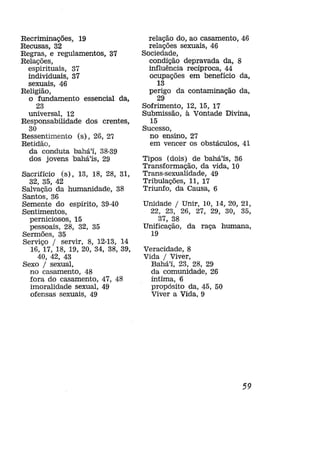 Recriminações, 19
Recusas, 32
Regras, e regulamentos, 37
Relações,
espirituais, 37
individuais, 37
sexuais, 46
Religião,
o fundamento essencial da,
23
universal, 12
Responsabilidade dos crentes,
30
Ressentimento (s), 26, 27
Retidão,
da conduta bahá'í, 38-39
dos jovens bahá'ís, 29
Sacrifício (s), 13, 18, 28, 31,
32, 35, 42
Salvação da humanidade, 38
Santos, 36
Semente do espírito, 39-40
Sentimentos,
perniciosos, 15
pessoais, 28, 32, 35
Sermões, 35
Serviço / servir, 8, 12-13, 14
16, 17, 18, 19, 20, 34, 38, 39,
40, 42, 43
Sexo / sexual,
no casamento, 48
fora do casamento, 47, 48
imoralidade sexual, 49
ofensas sexuais, 49

relação do, ao casamento, 46
relações sexuais, 46
Sociedade,
condição depravada da, 8
influência recíproca, 44
ocupações em benefício da,
13
perigo da contaminação da,
29
Sofrimento, 12, 15, 17
Submissão, à Vontade Divina,
15
Sucesso,
no ensino, 27
em vencer os obstáculos, 41
Tipos (dois) de bahá'ís, 36
Transformação, da vida, 10
Trans-sexualidade, 49
Tribulações, 11, 17
Triunfo, da Causa, 6
Unidade / Unir, 10, 14, 20, 21,
22, 23, 26, 27, 29, 30, 35,
37, 38
Unificação, da raça humana,
19
Veracidade, 8
Vida / Viver,
Bahá'í, 23, 28, 29
da comunidade, 26
íntima, 6
propósito da, 45, 50
Viver a Vida, 9

59

 