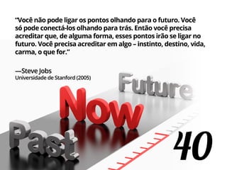 40
“Você não pode ligar os pontos olhando para o futuro. Você
só pode conectá-los olhando para trás. Então você precisa
acreditar que, de alguma forma, esses pontos irão se ligar no
futuro. Você precisa acreditar em algo – instinto, destino, vida,
carma, o que for.”
—Steve Jobs
Universidade de Stanford (2005)
 