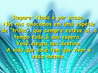 Repare: Nada é por acaso. Nós nos colocamos em uma espécie de “trilha”, que sempre esteve aí, o tempo todo,à sua espera.  Você elegeu seu destino. A vida que você tem que viver é essa mesma. 