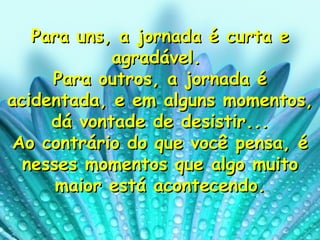 Para uns, a jornada é curta e agradável.  Para outros, a jornada é acidentada, e em alguns momentos, dá vontade de desistir... Ao contrário do que você pensa, é nesses momentos que algo muito maior está acontecendo. 