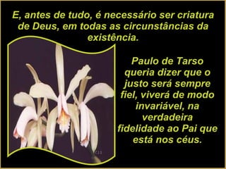 E, antes de tudo, é necessário ser criatura de Deus, em todas as circunstâncias da existência. Paulo de Tarso queria dizer que o justo será sempre fiel, viverá de modo invariável, na verdadeira fidelidade ao Pai que está nos céus. 