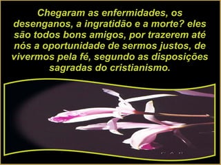 Chegaram as enfermidades, os desenganos, a ingratidão e a morte? eles são todos bons amigos, por trazerem até nós a oportunidade de sermos justos, de vivermos pela fé, segundo as disposições sagradas do cristianismo. 