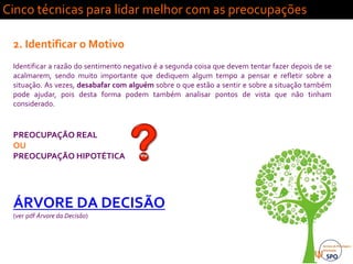 Vai correr
tudo mal…
Cinco técnicas para lidar melhor com as preocupações
2. Identificar o Motivo
Identificar a razão do sentimento negativo é a segunda coisa que devem tentar fazer depois de se
acalmarem, sendo muito importante que dediquem algum tempo a pensar e refletir sobre a
situação. As vezes, desabafar com alguém sobre o que estão a sentir e sobre a situação também
pode ajudar, pois desta forma podem também analisar pontos de vista que não tinham
considerado.
PREOCUPAÇÃO REAL
OU
PREOCUPAÇÃO HIPOTÉTICA
ÁRVORE DA DECISÃO
(ver pdf Árvore da Decisão)
 