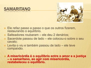 SAMARITANO
 Ele refaz passo a passo o que os outros fizerem,
restaurando o equilíbrio.
 Salteadores roubaram – ele deu 2 denários;
 Sacerdote passou de lado – ele colocou-o sobre o seu
cavalo;
 Levita o viu e também passou de lado – ele teve
compaixão.
 A misericórdia é o equílibrio entre o amor e a justiça
– o samaritano, ao agir com misericórdia,
restabeleceu o equilíbrio.
 