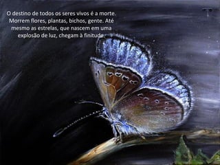 O destino de todos os seres vivos é a morte.
Morrem flores, plantas, bichos, gente. Até
mesmo as estrelas, que nascem em uma
explosão de luz, chegam à finitude.
 
