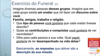 Imagine diversas pessoas desses grupos. Imagine que em
cada grupo exista um orador que irá fazer um discurso sobre
você.
Família, amigos, trabalho e religião.
• Que tipo de pessoa você gostaria que cada orador tivesse
descrito?
• Quais as contribuições e conquistas você gostaria de ver
recordadas?
• Olhe para cada pessoa a sua volta. Qual papel
gostaria de ter desempenhado na vida delas?
Basicamente, as respostas que obtiver são a
descrição da sua missão.
11
Exercício do Funeral 2/2
 