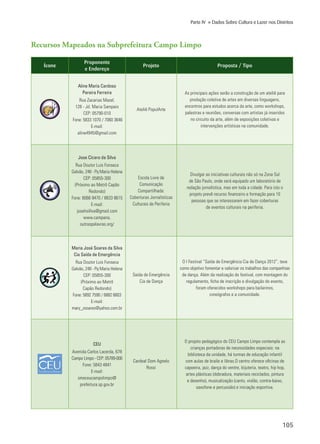 105
Parte IV » Dados Sobre Cultura e Lazer nos Distritos
Ícone
Proponente
e Endereço
Projeto Proposta / Tipo
Aline Maria Cardoso
Pereira Ferreira
Rua Zacarias Mazel,
128 - Jd. Maria Sampaio
CEP: 05790-010
Fone: 5833 1070 / 7060 3646
E-mail:
aline4945@gmail.com
Ateliê PopulArte
As principais ações serão a construção de um ateliê para
produção coletiva de artes em diversas linguagens,
encontros para estudos acerca da arte, como workshops,
palestras e reuniões, conversas com artistas já inseridos
no circuito da arte, além de exposições coletivas e
intervenções artísticas na comunidade.
Jose Cícero da Silva
Rua Doutor Luis Fonseca
Galvão, 248 - Pq Maria Helena
CEP: 05855-300
(Próximo ao Metrô Capão
Redondo)
Fone: 6066 9470 / 8833 8615
E-mail:
josehsillva@gmail.com
www.campana.
outraspalavras.org/
Escola Livre de
Comunicação
Compartilhada:
Coberturas Jornalísticas
Culturais de Periferia
Divulgar as iniciativas culturais não só na Zona Sul
de São Paulo, onde será equipado um laboratório de
redação jornalística, mas em toda a cidade. Para isto o
projeto prevê recurso financeiro e formação para 10
pessoas que se interessarem em fazer coberturas
de eventos culturais na periferia.
Maria José Soares da Silva
Cia Saída de Emergência
Rua Doutor Luis Fonseca
Galvão, 248 - Pq Maria Helena
CEP: 05855-300
(Próximo ao Metrô
Capão Redondo)
Fone: 5892 7590 / 6882 6603
E-mail:
mary_zsoares@yahoo.com.br
Saída de Emergência
Cia de Dança
O I Festival “Saída de Emergência Cia de Dança 2012”, teve
como objetivo fomentar e valorizar os trabalhos das companhias
de dança. Além da realização do festival, com montagem do
regulamento, ficha de inscrição e divulgação do evento,
foram oferecidos workshops para bailarinos,
coreógrafos e a comunidade.
CEU
Avenida Carlos Lacerda, 678
Campo Limpo - CEP: 05789-000
Fone: 5843 4841
E-mail:
smeceucampolimpo@
prefeitura.sp.gov.br
Cardeal Dom Agnelo
Rossi
O projeto pedagógico do CEU Campo Limpo contempla as
crianças portadoras de necessidades especiais: na
biblioteca da unidade, há turmas de educação infantil
com aulas de braile e libras.O centro oferece oficinas de
capoeira, jazz, dança do ventre, bijuteria, teatro, hip hop,
artes plásticas (dobradura, materiais reciclados, pintura
e desenho), musicalização (canto, violão, contra-baixo,
saxofone e percussão) e iniciação esportiva.
Recursos Mapeados na Subprefeitura Campo Limpo
 