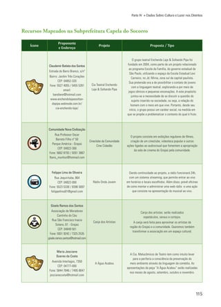115
Parte IV » Dados Sobre Cultura e Lazer nos Distritos
Ícone
Proponente
e Endereço
Projeto Proposta / Tipo
Claudemir Batista dos Santos
Estrada do Barro Branco, s/nº
Bairro: Jardim Três Corações
CEP: 04852-320
Fone: 5527 4055 / 5455 5281
email:
bandiere@hotmail.com
www.enchendolajeesoltan-
dopipa.webnode.com.br/
cia-enchendo-laje/
Cia Teatral Enchendo
Laje & Soltando Pipa
O grupo teatral Enchendo Laje & Soltando Pipa foi
fundado em 2004, como parte de um projeto relacionado
ao programa Escola da Família, do governo estadual de
São Paulo, utilizando o espaço da Escola Estadual Levi
Carneiro, no Jd. Mirna, zona sul da capital paulista.
Sua pretensão era a de possibilitar o contato de jovens
com a linguagem teatral, explorando-a por meio de
jogos cênicos e pequenas encenações. A este propósito
juntou-se a necessidade de se discutir a questão do
sujeito inserido na sociedade, ou seja, a relação do
homem com o meio em que vive. Portanto, desde seu
início, o grupo possui um caráter social, na medida em
que se propõe a problematizar o contexto do qual é fruto.
Comunidade Nova Civilização
Rua Professor Oscar
Barreto Filho nº 50
Parque América - Grajaú
CEP: 04822-300
Fone: 5662 8793 / 9261 3867
flavio_munhoz@hotmail.com
Cineclube da Comunidade
Cine Cidadão
O projeto consiste em exibições regulares de filmes,
criação de um cineclube, videoteca popular e outras
ações ligadas ao audiovisual que fomentem a apropriação
da sala de cinema do Grajaú pela comunidade.
Felippe Lima de Oliveira
Rua Jequirituba, 864
CEP: 04822-000
Fone: 5523 5338 / 8396 5897
felippelima91@gmail.com
Rádio Onda Jovem
Dando continuidade ao projeto, a rádio funcionará 24h,
com um sistema streaming, que permite entrar ao vivo
em horários e locais escolhidos. Além disso, prevê oficinas
de como montar e administrar uma web rádio e uma ação
que consiste na apresentação do musical ao vivo.
Gisele Ramos dos Santos
Associação de Moradores
Cantinho do Céu
Rua São Francisco Inacio
Solano, 61 - Grajaú
CEP: 04849 501
Fone: 5931 9242 / 7325 2535
gisele.ramos.santos@hotmail.com
Canja dos Artistas
Canja dos artistas: serão realizados
espetáculos, saraus e cortejos.
A canja será feita para aproximar os artistas da
região do Grajaú e a comunidade. Queremos também
transformar a associação em um espaço cultural.
Maria Jesciane
Soares da Costa
Avenida Interlagos, 7350
CEP: 04777-000
Fone: 5844 7846 / 7495 8647
jescianecosta@hotmail.com
A Água Acabou
A Cia. Malucômicos de Teatro tem como intuito levar
para a periferia a consciência da preservação do
meio ambiente através da linguagem da comédia. As
apresentações da peça “A Água Acabou” serão realizadas
nos meses de agosto, setembro, outubro e novembro.
Recursos Mapeados na Subprefeitura Capela do Socorro
 