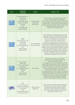 125
Parte IV » Dados Sobre Cultura e Lazer nos Distritos
Ícone
Proponente
e Endereço
Projeto Proposta / Tipo
Rua João Damasceno, s/nº
Vila das Belezas
CEP: 05841-160
Fone: 5519 5201 (Gestão)
5519 5212 / 5519 5206
5519 5208
E-mail:
smeceucasablanca@
prefeitura.sp.gov.br
CEU CASA BLANCA
Professor Sólon
Borges dos Reis
No CEU Casa Blanca, as comunidade dos bairros Jardim
São Luis, Jardim Casa Blanca, Vila das Belezas,
Parque Arariba, Jardim Ibirapuera, Jardim Ipê, Jardim Monte
Azul, Jardim Ângela, Vila Prel, Capão Redondo, Parque Antonio,
Jardim Germânia e Jardim Capelinha participam de ações de
recreação, nutrição, meio ambiente, cidadania e cultura de paz.
O centro também oferece aulas de Handebol,
Rugby, Tae Kwon Do, dança e xadrez.
Rodrigo
Estrada da Baronesa, 1120
Jardim Ângela
CEP: 04919 000
Fone: 3397 9550 / 3397 9571
E-mail:
ceuguarapiranga@
prefeitura.sp.gov.br
CEU GUARAPIRANGA
Florinda Lotaif Schahin
O bloco pedagógico do CEU Guarapiranga tem capacidade
para atender 2.120 alunos da Educação Infantil e do Ensino
Fundamental. São oito salas na creche, oito na pré-escola
e 18 no Ensino Fundamental, além de laboratório de
Ciências, sala de informática e espaços multiuso.
A construção do centro ajudou na eliminação do turno
intermediário e na ampliação da carga horária de quatro para
cinco horas diárias nas EMEFs Carolina Rennó e Dezoito do Forte.
O centro ocupa um terreno de aproximadamente 76 mil metros
quadrados, e conta com duas piscinas (semi-olímpica e recreativa),
duas quadras poliesportivas (aberta e fechada), anfiteatro,
biblioteca e Telecentro. De modalidades esportivas, desenvolvem:
Vôlei, Futebol, Basquetebol, Ginástica, Yoga, Alongamento
e Natação. As atividades são oferecidas também para
a comunidade, não sendo necessário ser aluno do CEU.
Av. dos Funcionários
Públicos, 369
Vila do Sol - Jardim Ângela
CEP: 04962-000
Fone: 3397 9800 / 3397 9811
3397 9868
E-mail:
smeceuviladosol@
prefeitura.sp.gov.br
CEU VILA DO SOL
Está localizado no distrito de Jardim Ângela e
atende os bairros Jardim Capela, Jardim São João,
Vila do Sol e Parque das Cerejeiras.
A construção do CEU Vila do Sol ajudou a eliminar terceiro
turno nas EMEFs Chácara Sonho Azul e EMEF José Blota Junior.
O Bloco Didático do CEU Vila do Sol possui 41 salas de aula
(9 para a CEI, 9 para Emei e 23 para Emef), que são utilizadas
conforme a necessidade da região, incluindo laboratório de
ciências, sala de informática e espaços multiuso.
Com a finalização das obras, o CEU oferece à comunidade três
piscinas (uma semi-olímpica, outra recreativa e uma infantil),
duas quadras poliesportivas, sendo uma coberta, um campo de
futebol de terra e areia, e um anfiteatro com 188 lugares.
O Complexo conta também com prédio administrativo,
bloco para o refeitório principal, biblioteca e Telecentro.
Tchê
Av. Tomás de Sousa, 552
Jd. Monte Azul - CEP: 05836-350
Fone: 5853 8080
E-mail:
monteazul@monteazul.org.br
www.monteazul.org.br
CENTRO CULTURAL
MONTE AZUL
Centro de cultura da Associação Comunitária Monte Azul
que promove mostras culturais de diversas linguagens,
além de sessão de espaço para eventos e ações da
comunidade e artistas da região. Possui um teatro de
arena, um patio e salas para oficinas. Um dos primeiros
equipamento de cultura da zona sul.
 