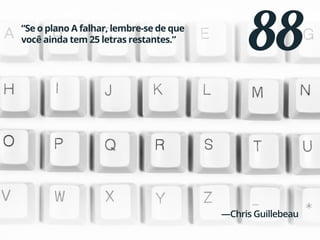 88“Se o plano A falhar, lembre-se de que
você ainda tem 25 letras restantes.”
—Chris Guillebeau
 