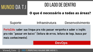Viver-TI:perspectivasEREALIDADEsobreviverdeT.I.Werneck Costa
mundo da T.I
|
doladodedentro
O que é necessário a todas as áreas?
Suporte Infraestrutura Desenvolvimento
PortuGlês: saber sua língua pra não passar vergonha e saber o inglês
pra não "passar em baixo" (leitura de erros, leitura de logs, busca por
mais conhecimento).
DevOps
 