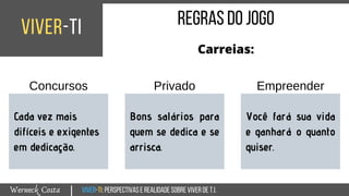 Viver-TI:perspectivasEREALIDADEsobreviverdeT.I.Werneck Costa
viver-ti
|
regrasdojogo
Carreias:
Concursos
Cada vez mais
difíceis e exigentes
em dedicação.
Privado
Bons salários para
quem se dedica e se
arrisca.
Empreender
Você fará sua vida
e ganhará o quanto
quiser.
 