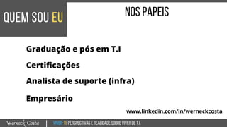 Viver-TI:perspectivasEREALIDADEsobreviverdeT.I.Werneck Costa
quem sou eu
|
nospapeis
Graduação e pós em T.I
Certificações
Analista de suporte (infra)
www.linkedin.com/in/werneckcosta
Empresário
 