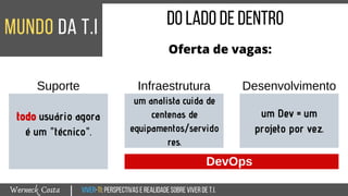 Viver-TI:perspectivasEREALIDADEsobreviverdeT.I.Werneck Costa
mundo da T.I
|
doladodedentro
Oferta de vagas:
Suporte
todo usuário agora
é um "técnico".
Infraestrutura
um analista cuida de
centenas de
equipamentos/servido
res.
Desenvolvimento
um Dev = um
projeto por vez.
DevOps
 