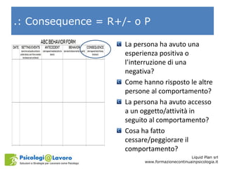 .: Consequence = R+/- o P
La persona ha avuto una
esperienza positiva o
l’interruzione di una
negativa?
Come hanno rispost...
