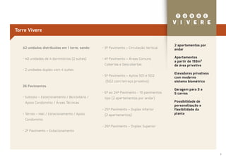 Torre Vivere


                                                                                         2 apartamentos por
   42 unidades distribuídas em 1 torre, sendo:   • 3º Pavimento – Circulação Vertical    andar

   • 40 unidades de 4 dormitórios (2 suítes)     • 4º Pavimento – Áreas Comuns           Apartamentos
                                                                                         a partir de 193m²
                                                  Cobertas e Descobertas                 de área privativa
   • 2 unidades duplex com 4 suítes
                                                                                         Elevadores privativos
                                                 • 5º Pavimento – Aptos 501 e 502
                                                                                         com moderno
                                                   (502 com terraço privativo)           sistema biométrico
   26 Pavimentos
                                                                                         Garagem para 3 a
                                                 • 6º ao 24º Pavimento - 19 pavimentos   5 carros
   • Subsolo – Estacionamento / Bicicletário /    tipo (2 apartamentos por andar)
    Apoio Condomínio / Áreas Técnicas                                                    Possibilidade de
                                                                                         personalização e
                                                 • 25º Pavimento – Duplex Inferior       flexibilidade da
   • Térreo – Hall / Estacionamento / Apoio       (2 apartamentos)                       planta
    Condomínio

                                                 • 26º Pavimento – Duplex Superior
   • 2º Pavimento – Estacionamento




                                                                                                                 3
 