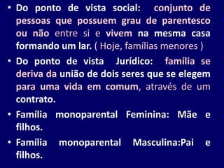 • Do ponto de vista social: conjunto de
pessoas que possuem grau de parentesco
ou não entre si e vivem na mesma casa
formando um lar. ( Hoje, famílias menores )
• Do ponto de vista Jurídico: família se
deriva da união de dois seres que se elegem
para uma vida em comum, através de um
contrato.
• Família monoparental Feminina: Mãe e
filhos.
• Família monoparental Masculina:Pai e
filhos.
 
