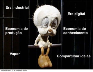 Era industrial
                                            Era digital



     Economia de                         Economia do
     produção                            conhecimento




           Vapor
                                      Compartilhar idéias


segunda-feira, 19 de setembro de 11
 