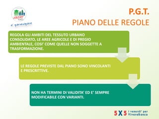 P.G.T.
PIANO DELLE REGOLE
REGOLA GLI AMBITI DEL TESSUTO URBANO
CONSOLIDATO, LE AREE AGRICOLE E DI PREGIO
AMBIENTALE, COSI’ COME QUELLE NON SOGGETTE A
TRASFORMAZIONE.
LE REGOLE PREVISTE DAL PIANO SONO VINCOLANTI
E PRESCRITTIVE.
NON HA TERMINI DI VALIDITA’ ED E’ SEMPRE
MODIFICABILE CON VARIANTI.
 