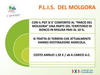 P.L.I.S. DEL MOLGORA
CON IL PGT SI E’ CONFERITO AL “PARCO DEL
MOLGORA” UNA PARTE DEL TERRITORIO DI
RONCO IN MISURA PARI AL 10 %.
SI TRATTA DI TERRENI CHE ATTUALMENTE
HANNO DESTINAZIONE AGRICOLA.
COSTO ANNUO 1.92 € / ab A CARICO A.C.
 