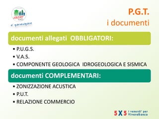 P.G.T.
i documenti
documenti allegati OBBLIGATORI:
• P.U.G.S.
• V.A.S.
• COMPONENTE GEOLOGICA IDROGEOLOGICA E SISMICA
documenti COMPLEMENTARI:
• ZONIZZAZIONE ACUSTICA
• P.U.T.
• RELAZIONE COMMERCIO
 