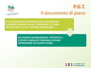 P.G.T.
Il documento di piano
E’ IL DOCUMENTO DI INDIRIZZO CHE CONTIENE GLI
ELEMENTI CONOSCITIVI DEL TERRITORIO E LE LINEE
DI SVILUPPO CHE L’A.C. INTENDE PERSEGUIRE .
HA DURATA QUINQUENNALE. PERTANTO IL
FUTURO CONSIGLIO COMUNALE DOVRA’
APPROVARNE UN NUOVO PIANO.
 