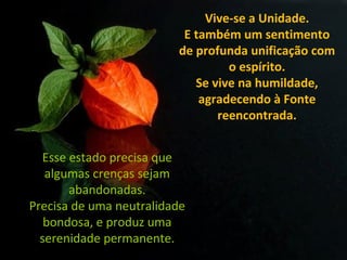 Vive-se a Unidade.
E também um sentimento
de profunda unificação com
o espírito.
Se vive na humildade,
agradecendo à Fonte
reencontrada.
Esse estado precisa que
algumas crenças sejam
abandonadas.
Precisa de uma neutralidade
bondosa, e produz uma
serenidade permanente.
 