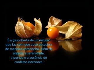 É a descoberta de um estado
que faz com que você descubra
de maneira verdadeira, além da
alegria, a serenidade,
a pureza e a ausência de
conflitos interiores.
 