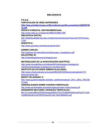 BIBLIOGRAFIA 
P.R.A.E 
PORTAFOLIOS DE AÑOS ANTERIORES 
http://wsp.presidencia.gov.co/Normativa/Leyes/Documents/ley1549050720 
12.pdf 
REVISTA FORESTAL CENTROAMERICANA: 
http://orton.catie.ac.cr/repdoc/A7486E/A7486E.PDF 
BIBLIOTECA DIGITAL: 
http://bibliotecadigital.ilce.edu.mx/sites/ciencia/volumen3/ciencia3/157/htm/sec_ 
7.htm 
SEBASTO E: 
http://www.jmarcano.com/educa/njsmith.html 
SABINO CARLOS: 
http://paginas.ufm.edu/sabino/word/proceso_investigacion.pdf 
BALESTRINI, M: 
http://metodologiamecanica.blogspot.com 
METODOLOGÍA DE LA INVESTIGACIÓN CIENTÍFICA: 
http://www.monografias.com/trabajos94/metodologia-investigacion-cientifica/ 
metodologia-investigacion-cientifica.shtml 
INSTITUTO DE ESTUDIOS AMBIENTALES (IDEA): 
http://www.virtual.unal.edu.co/cursos/IDEA/2007225/lecciones/capitulo1/17- 
laincorporacion.htm 
BEDOY-VELÁSQUEZ, V: 
http://www.quadernsdigitals.net/datos_web/hemeroteca/r_24/nr_284/a_3672/36 
72.html 
GENERALIDADES SOBRE VIVEROS FORESTALES: 
http://www.secforestales.org/web/images/serrada/v1textoviveros.pdf 
INGENIEROS MILITARES ( BOSQUES TROPICALES ) 
file:///C:/Users/MALEGA/Downloads/BOLET%C3%8DN%20No%20%2017%20- 
%20BOSQUES%20TROPICALES%20-%20FIRMADO.pdf 
25 
 