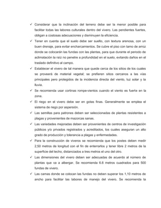  Considerar que la inclinación del terreno debe ser la menor posible para
facilitar todas las labores culturales dentro del vivero. Las pendientes fuertes,
obligan a costosas adecuaciones y disminuyen la eficiencia.
 Tener en cuenta que el suelo debe ser suelto, con textura arenosa, con un
buen drenaje, para evitar encharcamientos. Se cubre el piso con tamo de arroz
donde se colocarán las fundas con las plantas, para que durante el periodo de
aclimatación la raíz no penetre a profundidad en el suelo, evitando daños en el
traslado definitivo al campo.
 Establecer el vivero de tal manera que quede cerca de los sitios de los cuales
se proveerá de material vegetal; se prefieren sitios cercanos a las vías
principales pero protegidos de la incidencia directa del viento, luz solar y la
lluvia.
 Se recomienda usar cortinas rompe-vientos cuando el viento es fuerte en la
zona.
 El riego en el vivero debe ser en gotas finas. Generalmente se emplea el
sistema de riego por aspersión.
 Las semillas para patrones deben ser seleccionadas de plantas resistentes a
plagas y provenientes de mazorcas sanas.
 Las variedades mejoradas deben ser provenientes de centros de investigación
públicos y/o privados registrados y acreditados, los cuales aseguran un alto
grado de producción y tolerancia a plagas y enfermedades.
 Para la construcción de viveros se recomienda que los postes deben medir
2,50 metros de longitud con el fin de enterrarlos y tener libre 2 metros de la
superficie del techo, distanciados a tres metros el uno del otro.
 Las dimensiones del vivero deben ser adecuadas de acuerdo al número de
plantas que va a albergar. Se recomienda 6.8 metros cuadrados para 500
fundas de vivero.
 Las camas donde se colocan las fundas no deben superar los 1,10 metros de
ancho para facilitar las labores de manejo del vivero. Se recomienda la
 