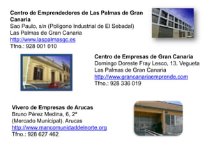 Centro de Emprendedores de Las Palmas de Gran
Canaria
Sao Paulo, s/n (Polígono Industrial de El Sebadal)
Las Palmas de Gran Canaria
http://www.laspalmasgc.es
Tfno.: 928 001 010
                               Centro de Empresas de Gran Canaria
                               Domingo Doreste Fray Lesco, 13. Vegueta
                               Las Palmas de Gran Canaria
                               http://www.grancanariaemprende.com
                               Tfno.: 928 336 019



Vivero de Empresas de Arucas
Bruno Pérez Medina, 6, 2ª
(Mercado Municipal). Arucas
http://www.mancomunidaddelnorte.org
Tfno.: 928 627 462
 