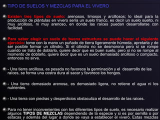 TIPO DE SUELOS Y MEZCLAS PARA EL VIVERO
Existen tres tipos de suelo: arenosos, limosos y arcillosos; lo ideal para la
producción de plántulas en vivero sería un suelo franco, es decir un suelo suelto, ni
muy arcilloso, ni muy arenoso, en donde las raíces puedan desarrollarse con
facilidad.
Para saber elegir un suelo de buena estructura se puede hacer el siguiente
ejercicio: tome con la mano un puñado de tierra ligeramente húmeda, apretarla y de
ser posible formar un cilindro. Si el cilindro no se desmorona pero si se rompe
cuando se trata de doblarlo, quiere decir que es buen suelo, pero si no se rompe al
momento de doblarlo, quiere decir que es un suelo demasiado arcilloso o compacto,
entonces no sirve.
- Una tierra arcillosa, es pesada no favorece la germinación y el desarrollo de las
raíces, se forma una costra dura al sacar y favorece los hongos.
- Una tierra demasiado arenosa, es demasiado ligera, no retiene el agua ni los
nutrientes.
- Una tierra con piedras y desperdicios obstaculiza el desarrollo de las raíces.
Para no tener inconvenientes con los diferentes tipos de suelo, es necesario realizar
algunos TIPOS DE MEZCLAS dependiendo de la especie y si es por semilla o por
estacas y además del lugar a donde se vaya a establecer el vivero. Estas mezclas
 
