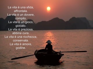 La vita è una sfida, affrontala. La vita è un dovere, compilo. La vita è un gioco, giocalo. La vita è preziosa, abbine cura. La vita è una ricchezza, conservala. La vita è amore, godine. 