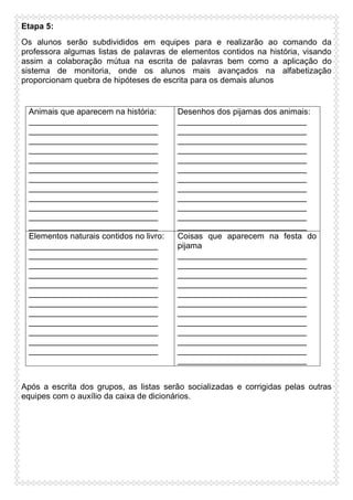 Etapa 5:
Os alunos serão subdivididos em equipes para e realizarão ao comando da
professora algumas listas de palavras de elementos contidos na história, visando
assim a colaboração mútua na escrita de palavras bem como a aplicação do
sistema de monitoria, onde os alunos mais avançados na alfabetização
proporcionam quebra de hipóteses de escrita para os demais alunos

Animais que aparecem na história:
____________________________
____________________________
____________________________
____________________________
____________________________
____________________________
____________________________
____________________________
____________________________
____________________________
____________________________
____________________________
Elementos naturais contidos no livro:
____________________________
____________________________
____________________________
____________________________
____________________________
____________________________
____________________________
____________________________
____________________________
____________________________
____________________________
____________________________

Desenhos dos pijamas dos animais:
____________________________
____________________________
____________________________
____________________________
____________________________
____________________________
____________________________
____________________________
____________________________
____________________________
____________________________
____________________________
Coisas que aparecem na festa do
pijama
____________________________
____________________________
____________________________
____________________________
____________________________
____________________________
____________________________
____________________________
____________________________
____________________________
____________________________
____________________________

Após a escrita dos grupos, as listas serão socializadas e corrigidas pelas outras
equipes com o auxílio da caixa de dicionários.

 