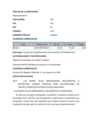 REGLAS DE CLASIFICACIÓN

Regla general N°1

ADVALOREM                                       20%

IVA:                                            12%

ICE:                                            0%

FODINFA:                                        0.5%

UNIDADES FÍSICAS:                               unidades

ACUERDOS COMERCIALES:




Base legal.- Acuerdo de Complementación Económica No. 59 CAN-Mercosur

AUTORIZACIONES Y RESTRICCIONES:

Registro de Importador de Textiles y Calzado.

Institución MIPRO (Ministerio de Industrias y Productividad).

ACUERDOS COMERCIALES

Acuerdo 524 (Registro Oficial No. 41, de octubre 6 de 1992

NOTAS EXPLICATIVAS:

59.07        LAS    DEMAS       TELAS     IMPREGNADAS,          RECUBIERTAS      O
        REVESTIDAS;     LIENZOS     PINTADOS         PARA   DECORACIONES         DE
        TEATRO, FONDOS DE ESTUDIO O USOS ANALOGOS.

I. LAS DEMAS TELAS IMPREGNADAS, RECUBIERTAS O REVESTIDAS

   Se trata aquí de tejidos impregnados, recubiertos o revestidos (excepto los de
las partidas 59.01 a 59.06), cuya impregnación, recubrimiento o revestimiento sea
perceptible a simple vista, bien entendido que no deben tomarse en cuenta, para
la aplicación de esta regla, los cambios de color que hayan podido sobrevenir.
 