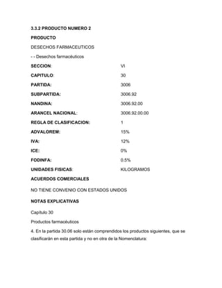 3.3.2 PRODUCTO NUMERO 2

PRODUCTO

DESECHOS FARMACEUTICOS

- - Desechos farmacéuticos

SECCION:                                       VI

CAPITULO:                                      30

PARTIDA:                                       3006

SUBPARTIDA:                                    3006.92

NANDINA:                                       3006.92.00

ARANCEL NACIONAL:                              3006.92.00.00

REGLA DE CLASIFICACION:                        1

ADVALOREM:                                     15%

IVA:                                           12%

ICE:                                           0%

FODINFA:                                       0.5%

UNIDADES FISICAS:                              KILOGRAMOS

ACUERDOS COMERCIALES

NO TIENE CONVENIO CON ESTADOS UNIDOS

NOTAS EXPLICATIVAS

Capítulo 30

Productos farmacéuticos

4. En la partida 30.06 solo están comprendidos los productos siguientes, que se
clasificarán en esta partida y no en otra de la Nomenclatura:
 
